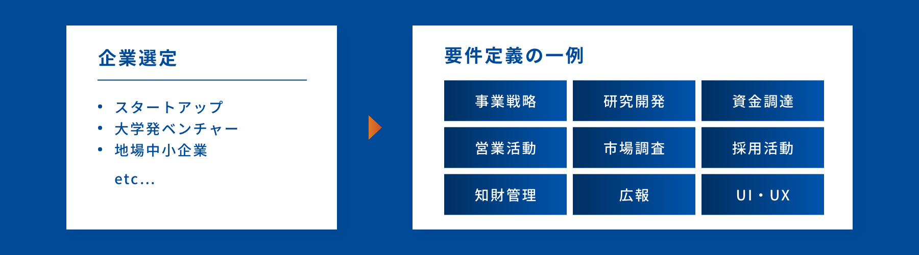 企業選定はスタートアップ、大学発ベンチャー、地場中小企業などから選定する。要件定義の一例としては事業戦略、研究開発、資金調達、営業活動、市場調査、採用活動、知財管理、広報、UI・UXが挙げられる